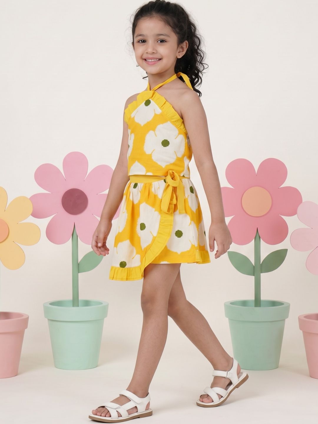 Yellow Cotton Sleeveless Floral Printed Girls Top and Skort Co-Ords