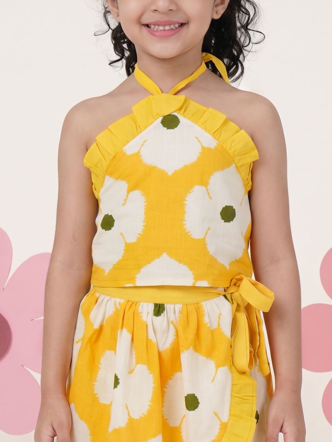 Yellow Cotton Sleeveless Floral Printed Girls Top and Skort Co-Ords