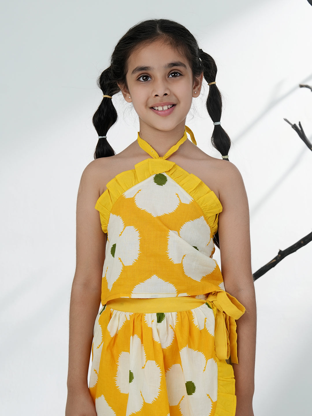 Yellow Cotton Sleeveless Floral Printed Girls Top and Skort Co-Ords - AJ Dezines