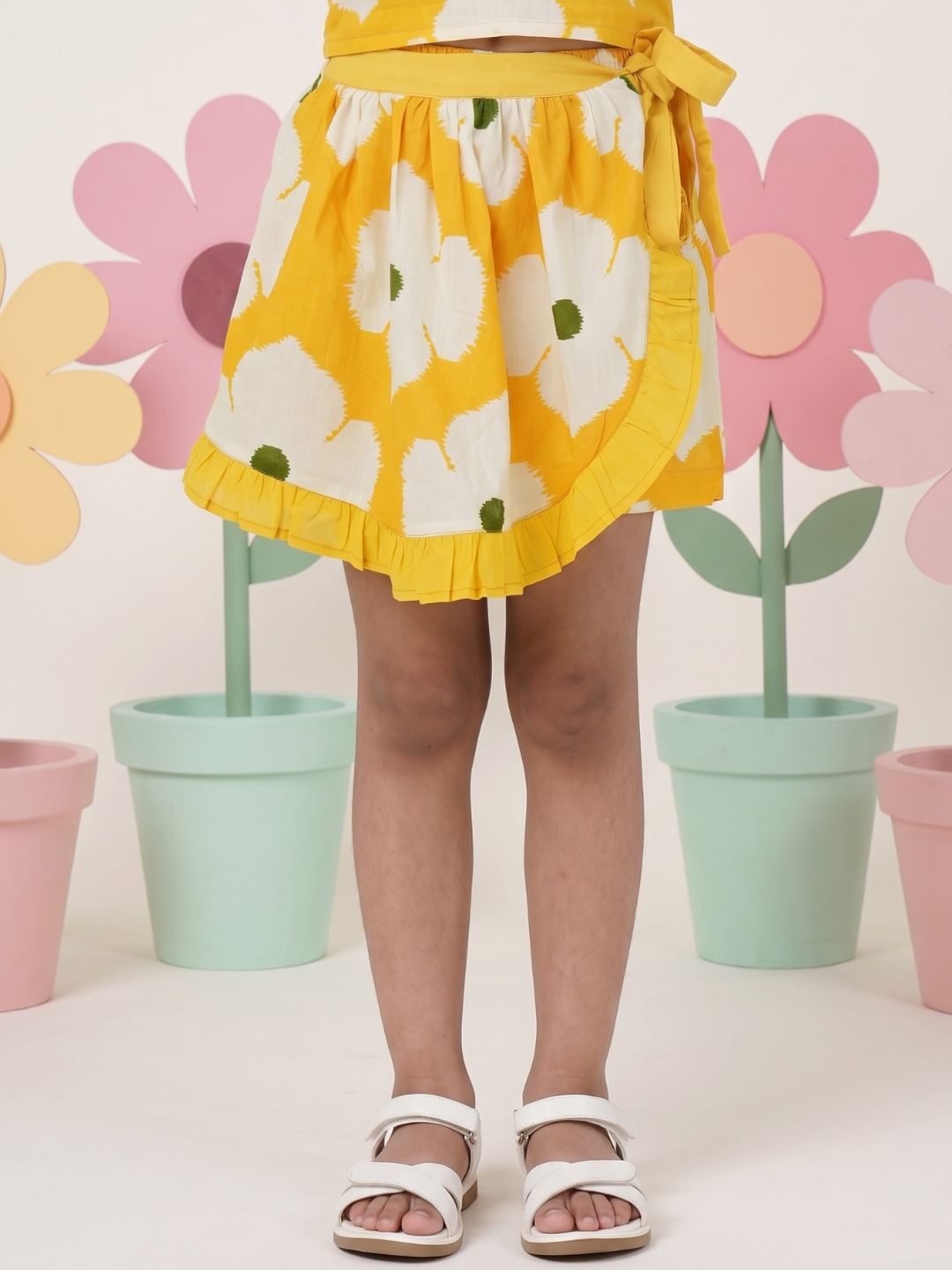 Yellow Cotton Sleeveless Floral Printed Girls Top and Skort Co-Ords