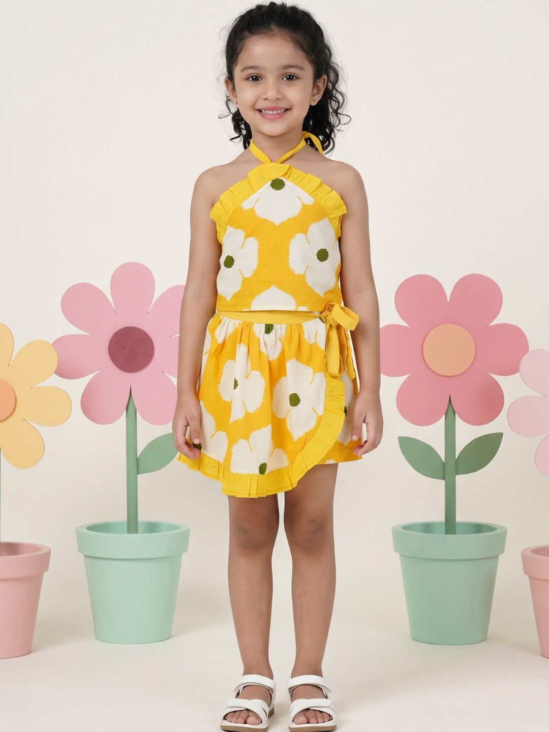 Yellow Cotton Sleeveless Floral Printed Girls Top and Skort Co-Ords