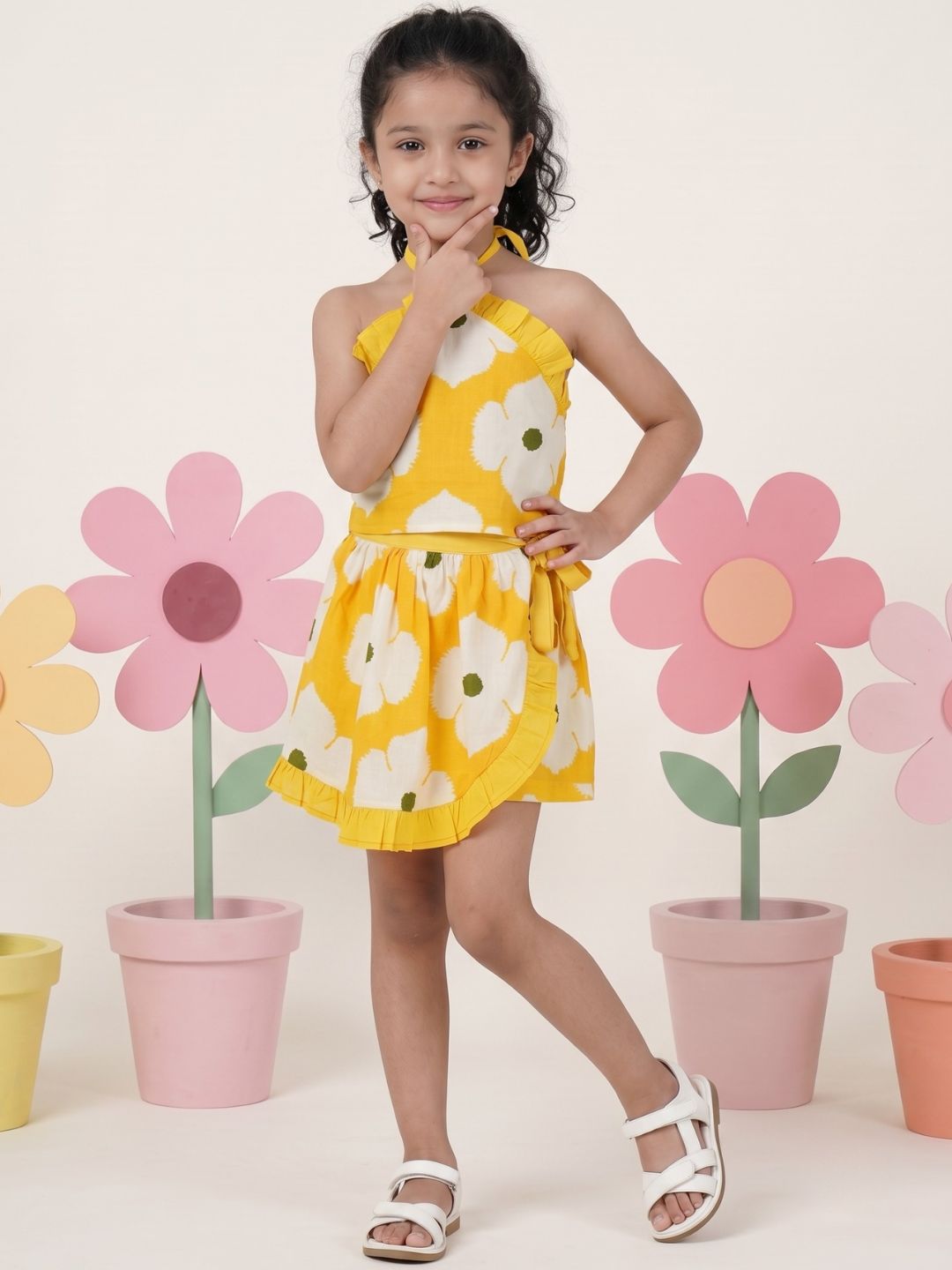 Yellow Cotton Sleeveless Floral Printed Girls Top and Skort Co-Ords