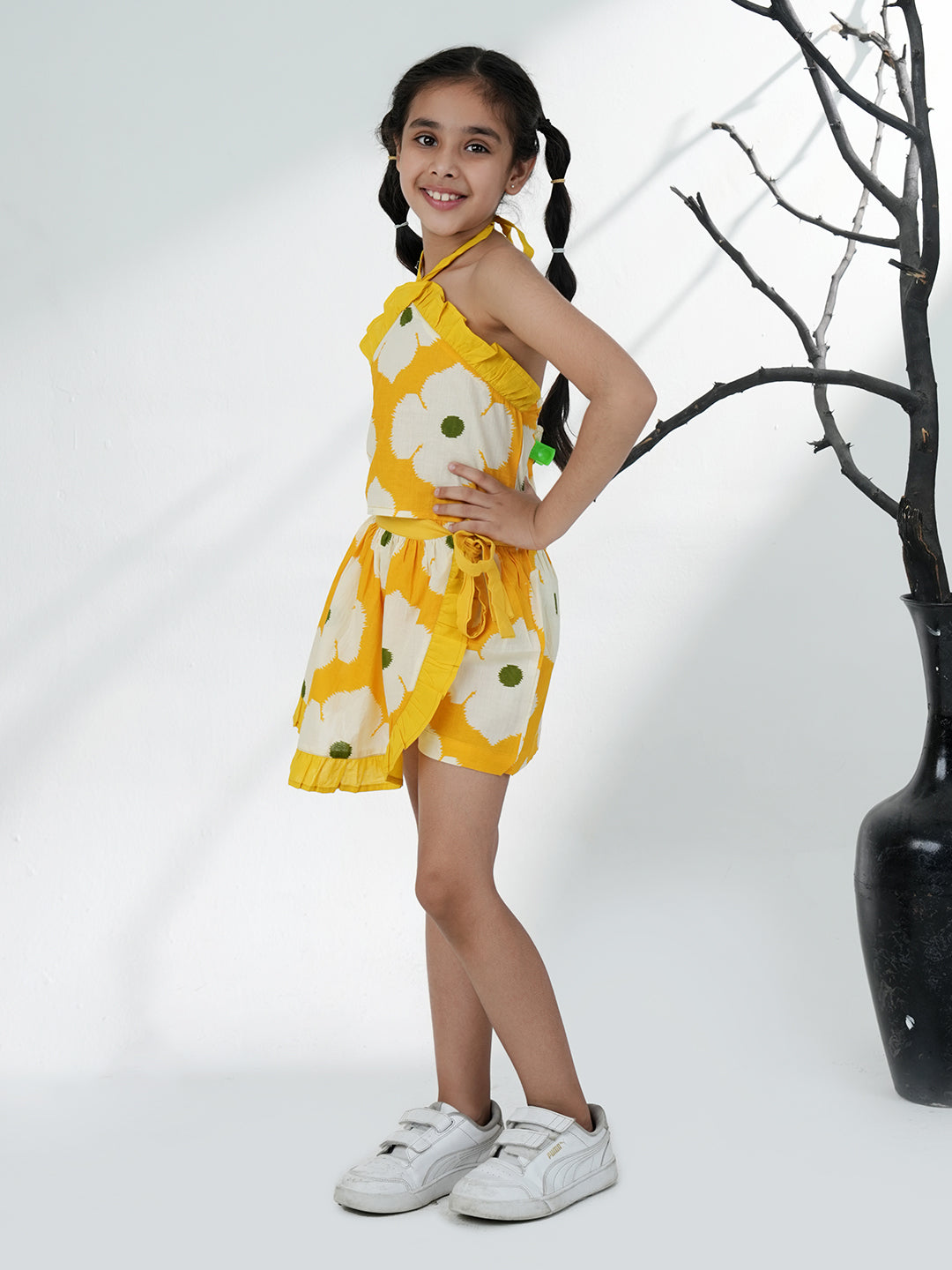Yellow Cotton Sleeveless Floral Printed Girls Top and Skort Co-Ords - AJ Dezines