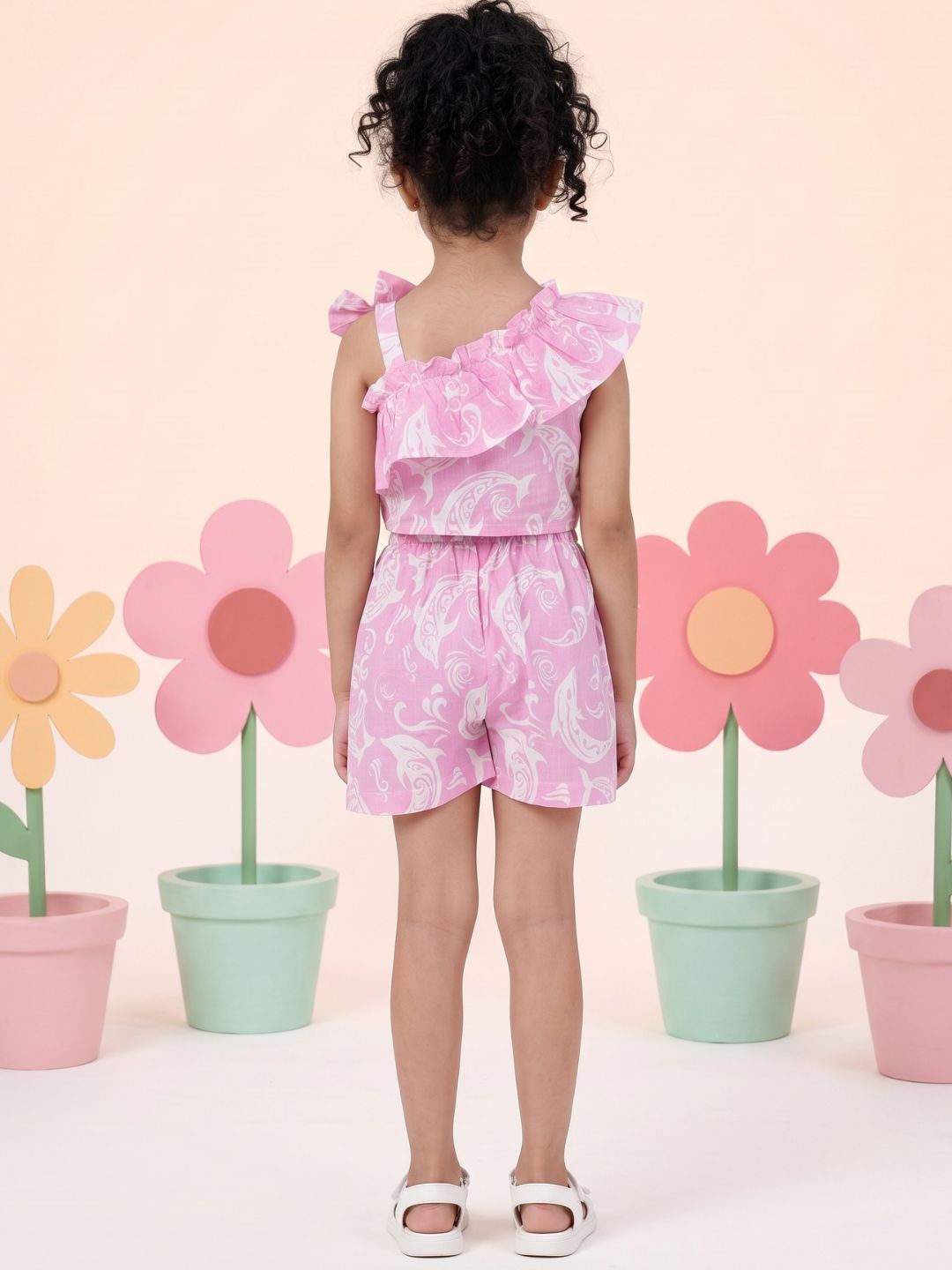 Pink Cotton Sleeveless Dolphin Printed Girls Co-Ords