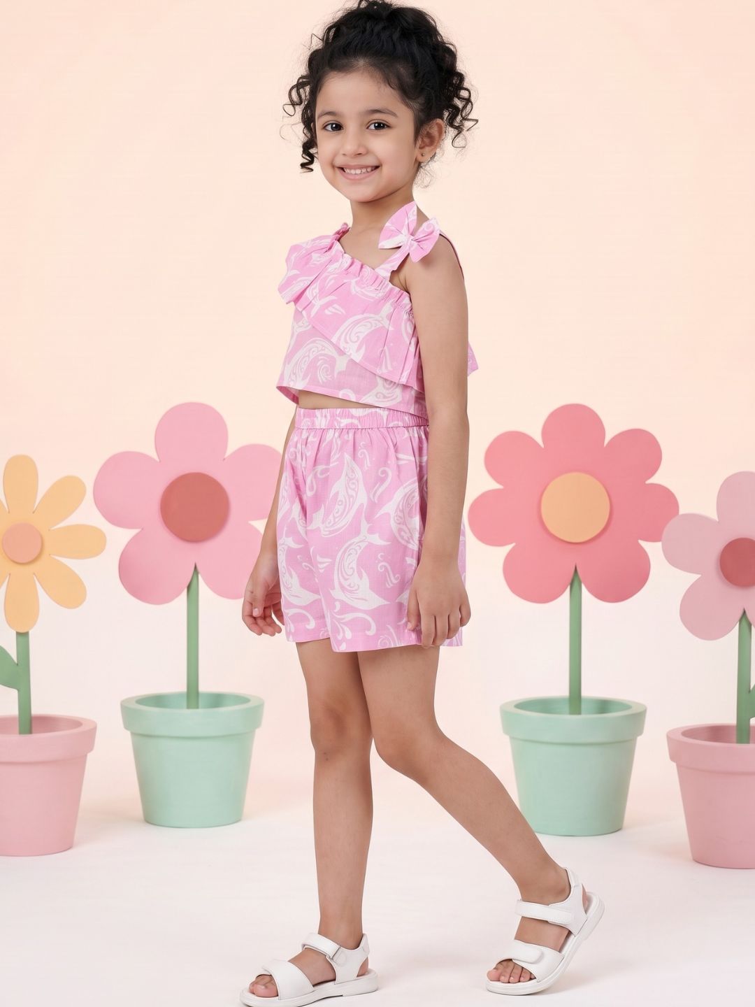 Pink Cotton Sleeveless Dolphin Printed Girls Co-Ords