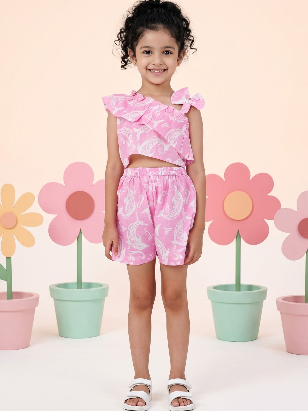 Pink Cotton Sleeveless Dolphin Printed Girls Co-Ords