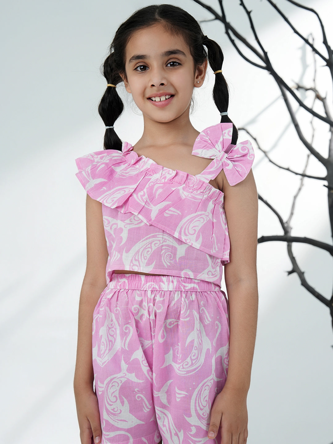 Pink Cotton Sleeveless Dolphin Printed Girls Co-Ords