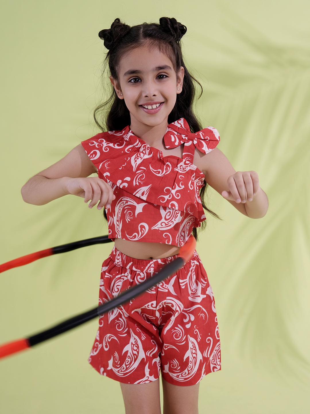 Red Cotton Sleeveless Dolphin Printed Girls Co-Ords - AJ Dezines