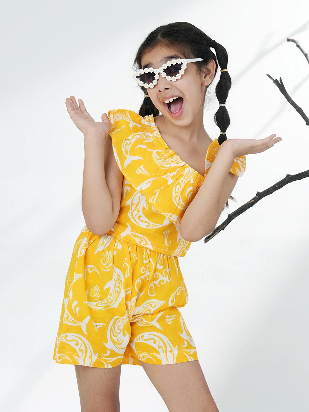 Yellow Cotton Sleeveless Dolphin Printed Girls Co-Ords