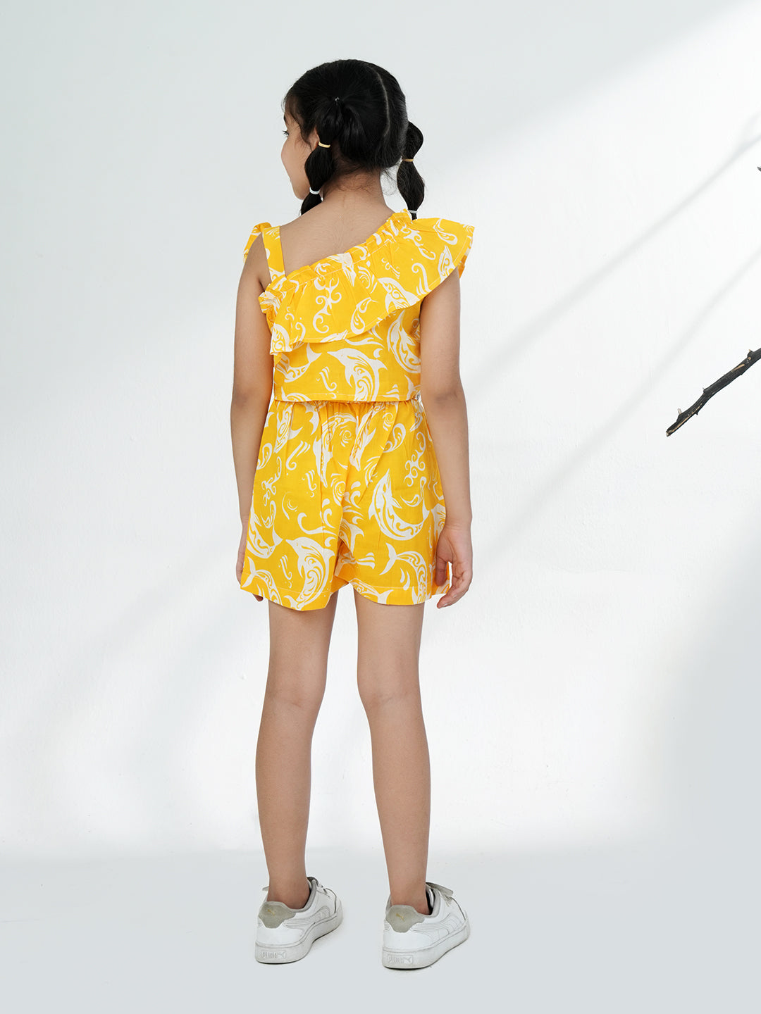 Yellow Cotton Sleeveless Dolphin Printed Girls Co-Ords