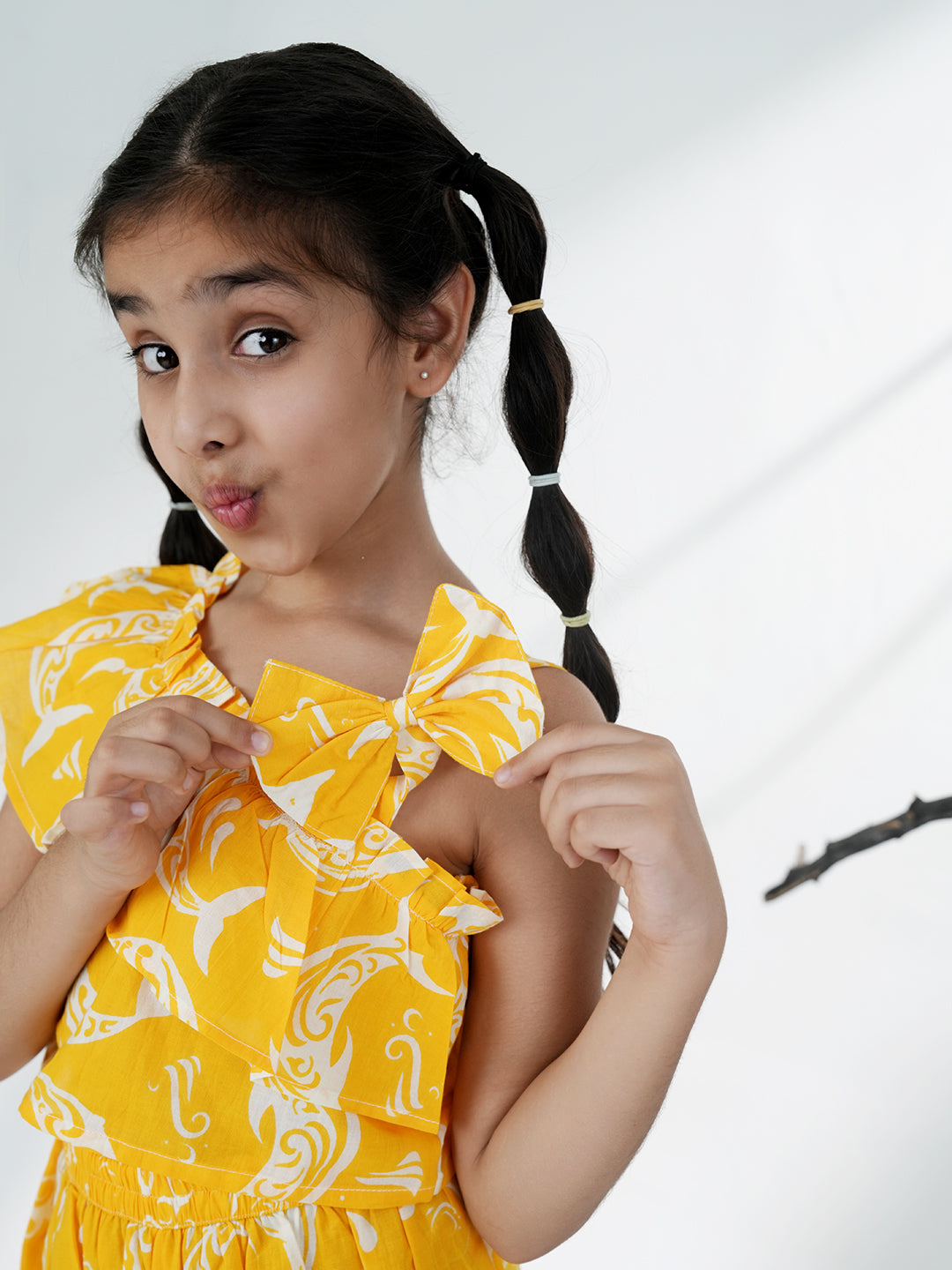 Yellow Cotton Sleeveless Dolphin Printed Girls Co-Ords