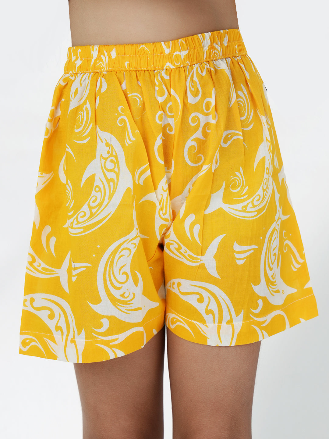 Yellow Cotton Sleeveless Dolphin Printed Girls Co-Ords