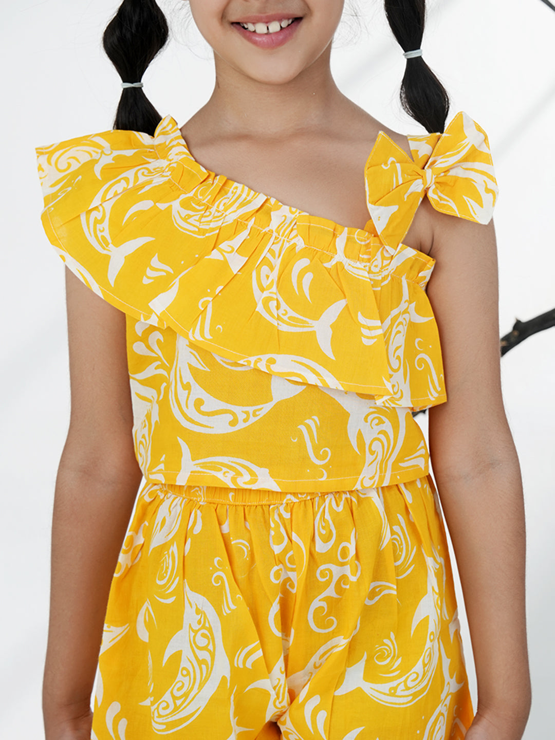 Yellow Cotton Sleeveless Dolphin Printed Girls Co-Ords