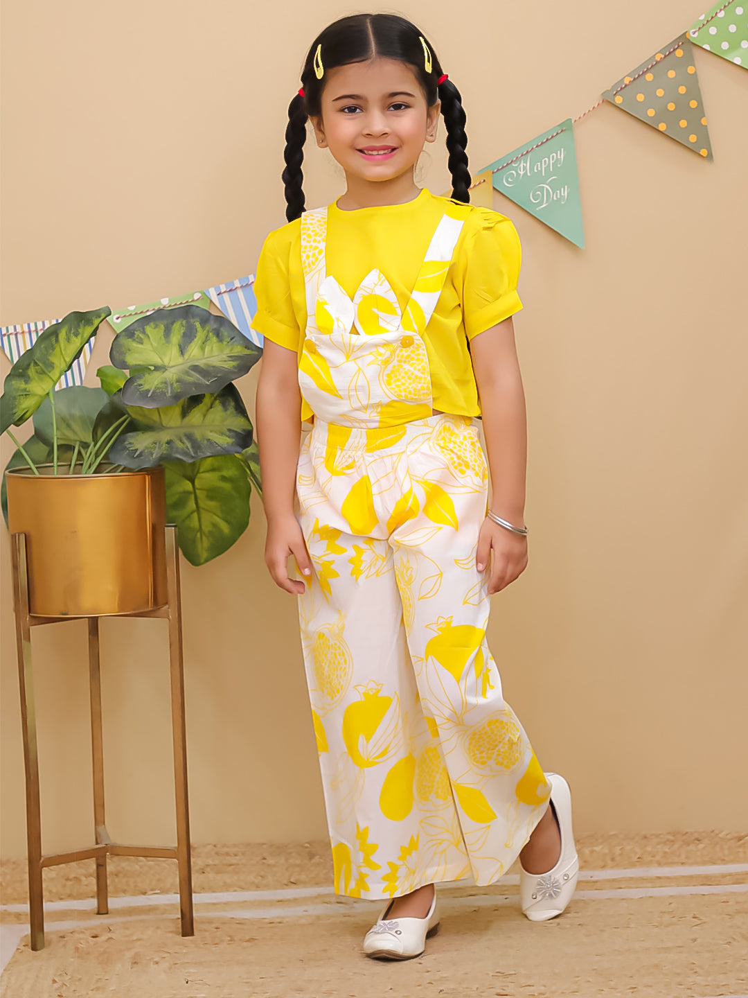 Yellow Cotton Half Sleeves Floral Dungaree Co-Ords for Girls