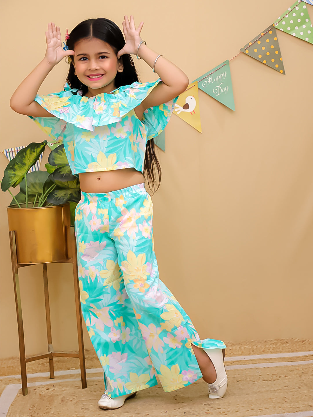 Blue Cotton Half Sleeves Floral Co-Ords for Girls - AJ Dezines