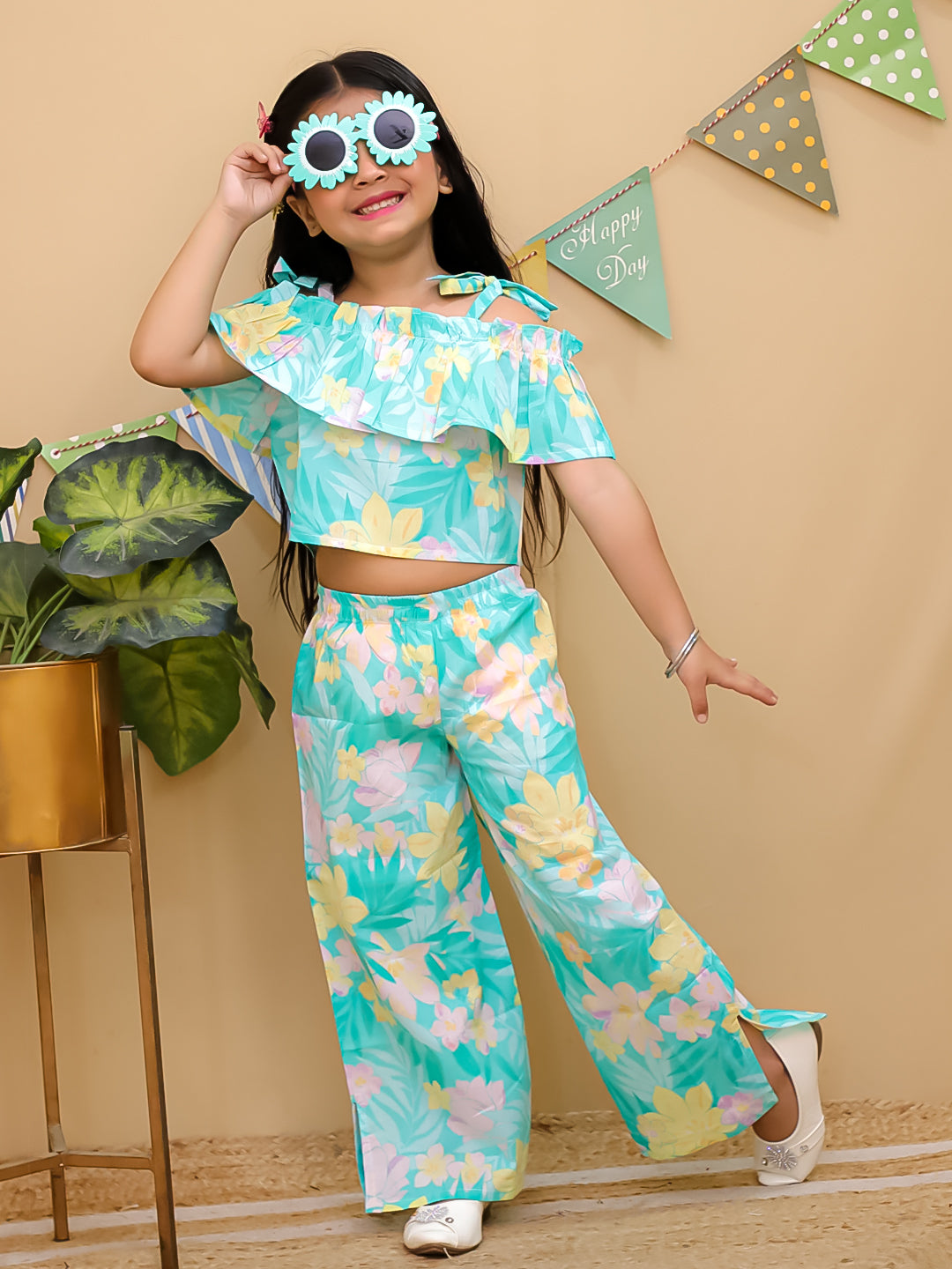 Blue Cotton Half Sleeves Floral Co-Ords for Girls - AJ Dezines