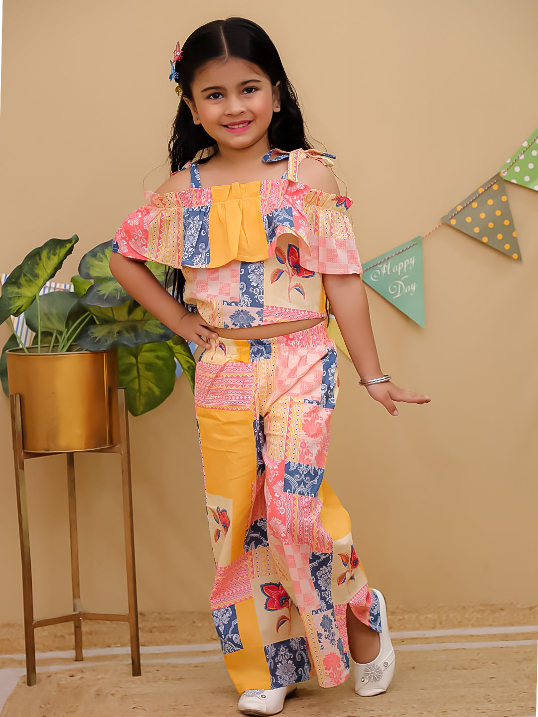 Multi Cotton Half Sleeves Floral Co-Ords for Girls