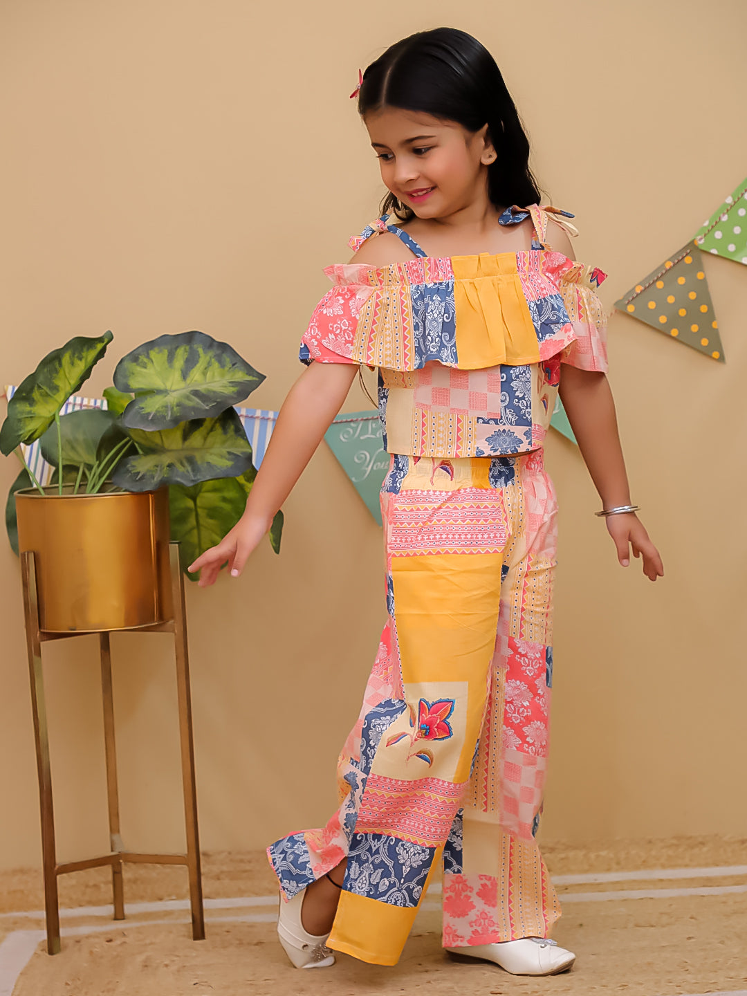 Multi Cotton Half Sleeves Floral Co-Ords for Girls