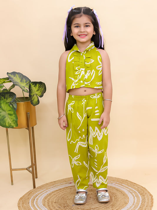 AJ Dezines Green Cotton Sleeveless Floral Printed Girls Co-Ords