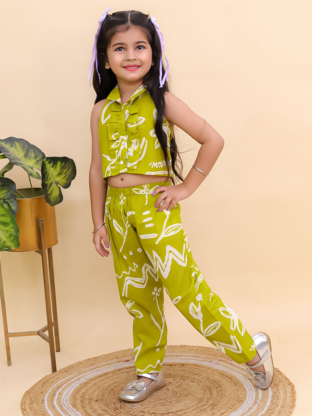 Green Cotton Sleeveless Floral Printed Girls Co-Ords