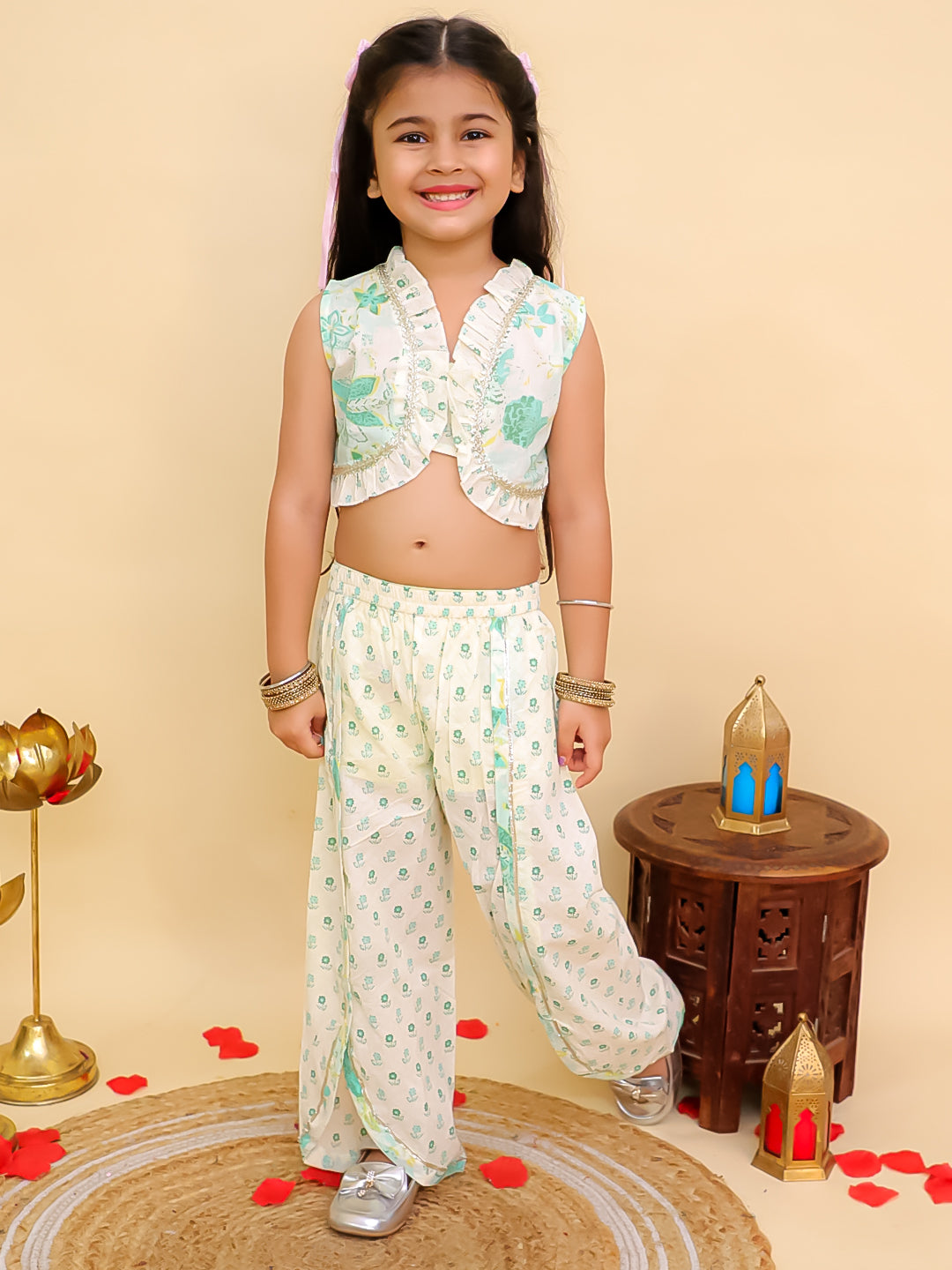 Green Cotton Sleeveless Floral Printed Girls Co-Ords