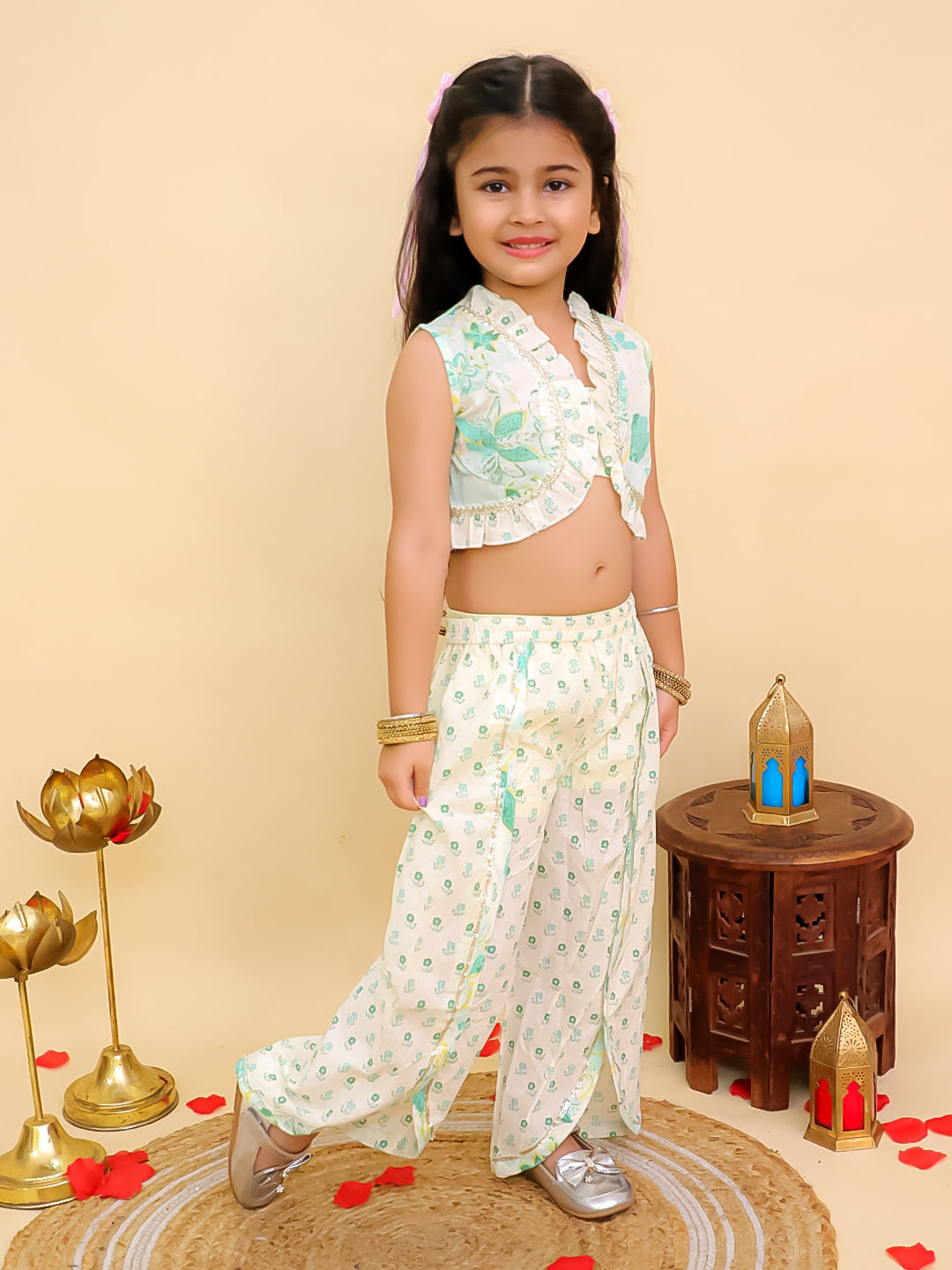 Green Cotton Sleeveless Floral Print Stylish Casual Outfit Co-Ords Set For Kids Girls
