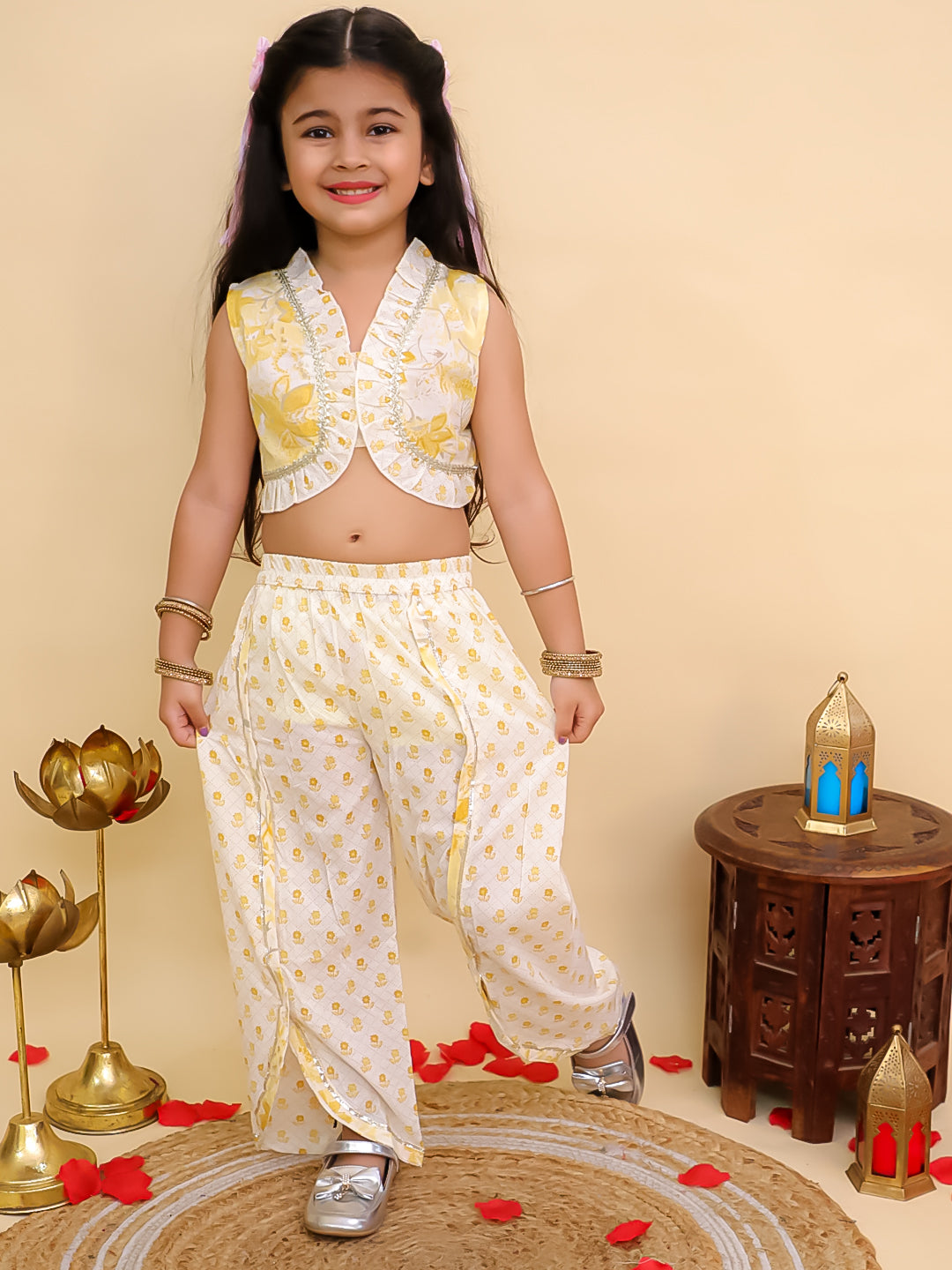 Mustard Cotton Sleeveless Floral Printed Girls Co-Ords - AJ Dezines