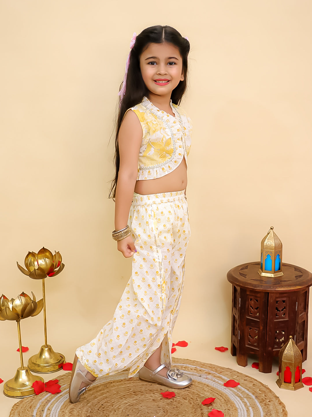 AJ Dezines Mustard Cotton Sleeveless Floral Printed Girls Co-Ords