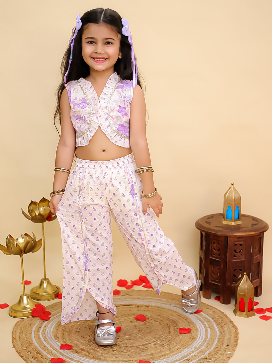 Purple Cotton Sleeveless Floral Printed Girls Co-Ords