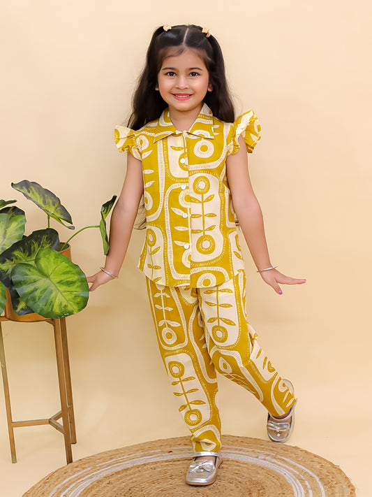 AJ Dezines Mustard Yellow Cotton Sleeveless Big Floral Print Girls Co-Ords