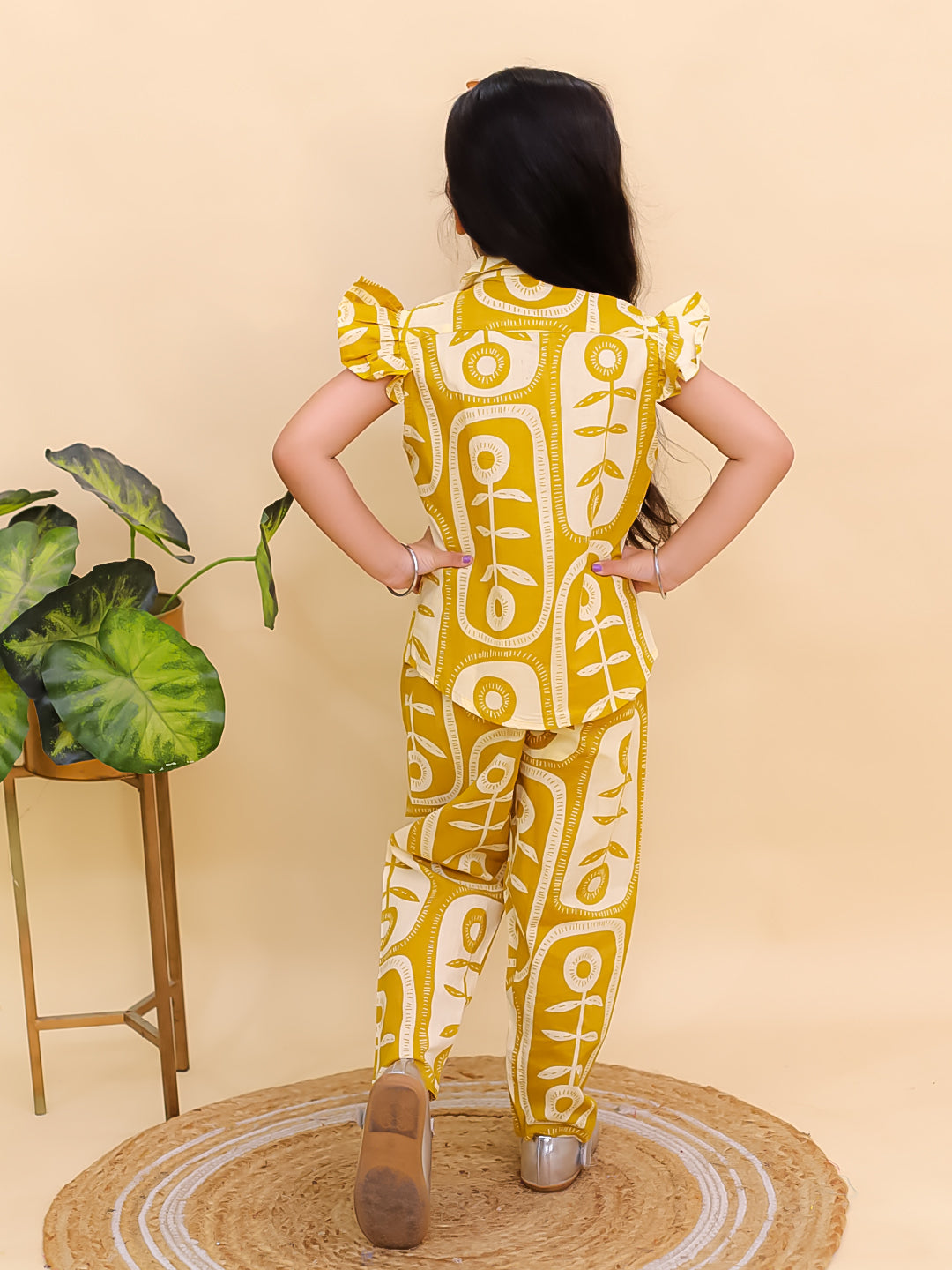 AJ Dezines Mustard Yellow Cotton Sleeveless Big Floral Print Girls Co-Ords