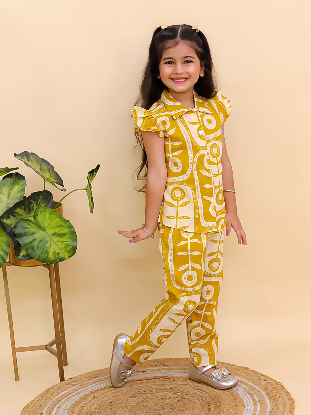 Mustard Yellow Cotton Sleeveless Big Floral Print Girls Co-Ords - AJ Dezines
