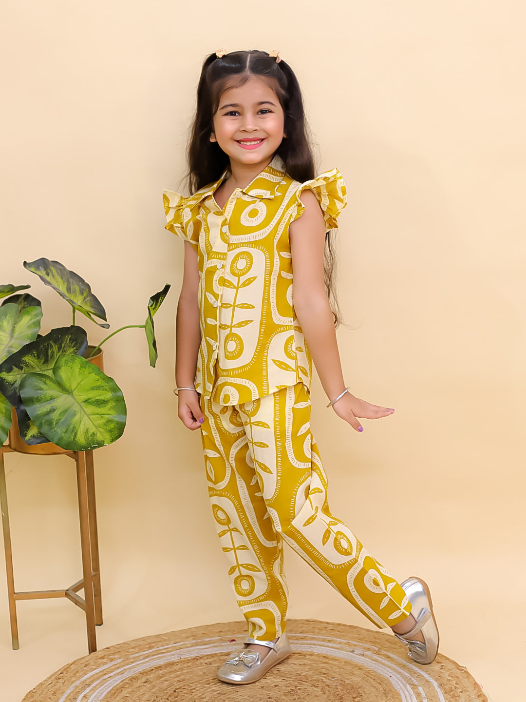 Mustard Yellow Cotton Sleeveless Big Floral Print Girls Co-Ords - AJ Dezines