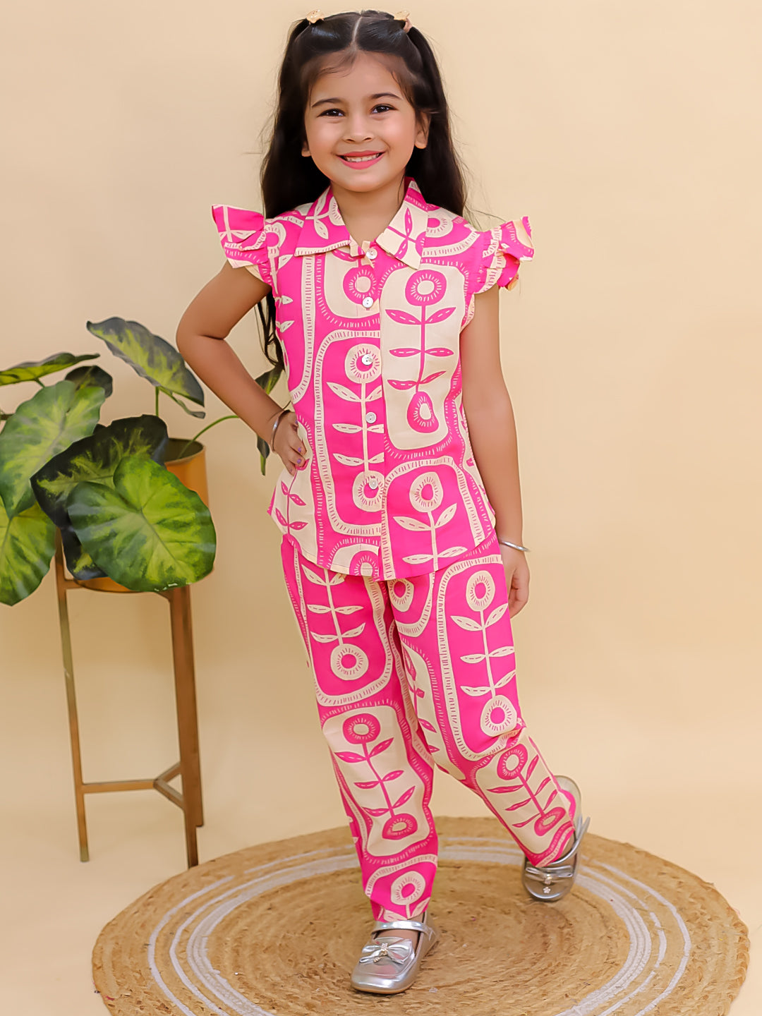 AJ Dezines Pink Cotton Sleeveless Big Floral Print Girls Co-Ords