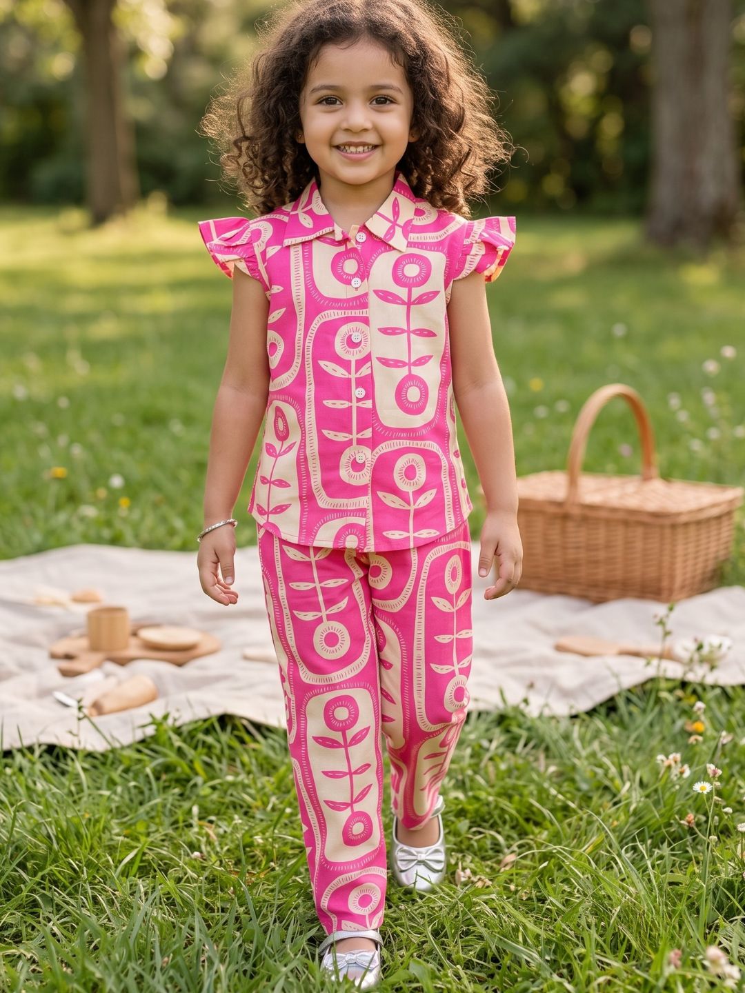 Pink Cotton Sleeveless Big Floral Print Girls Co-Ords