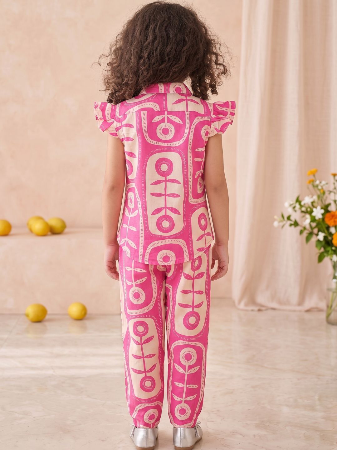 Pink Cotton Sleeveless Big Floral Print Girls Co-Ords