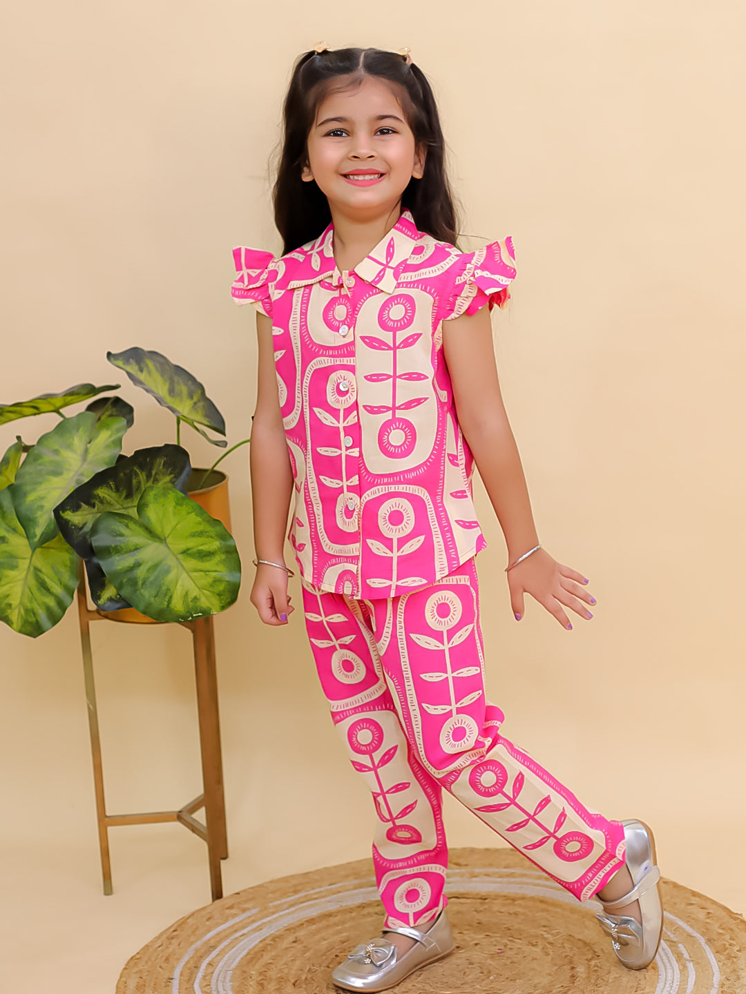 Pink Cotton Sleeveless Big Floral Print Girls Co-Ords