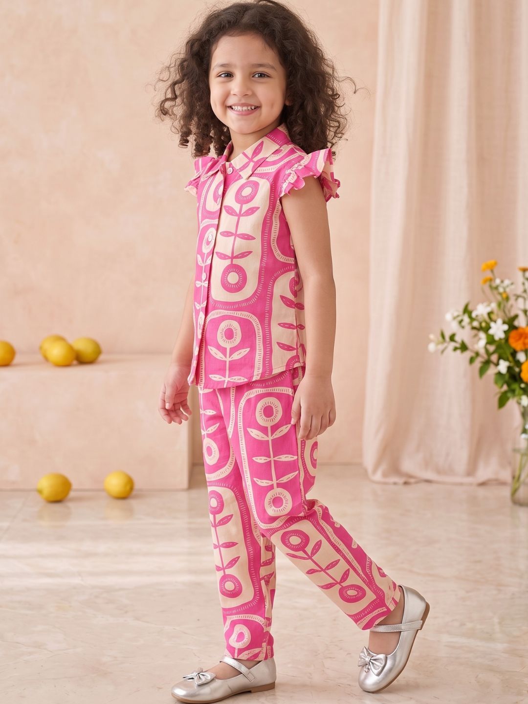 Pink Cotton Sleeveless Big Floral Print Girls Co-Ords