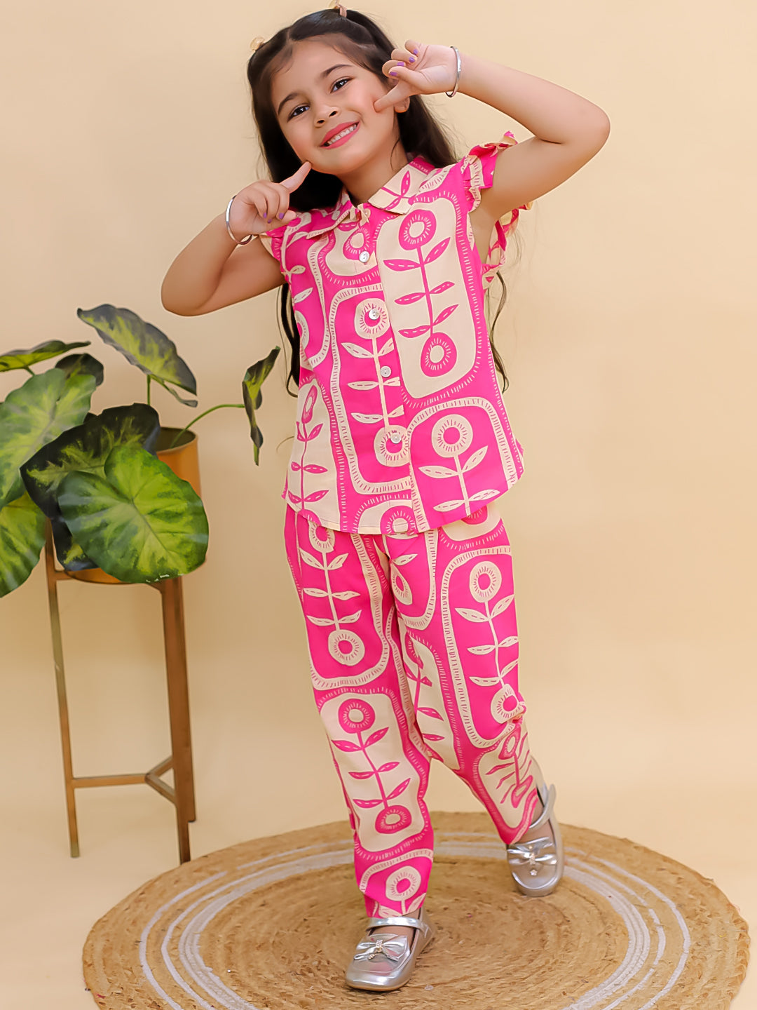Pink Cotton Sleeveless Big Floral Print Girls Co-Ords