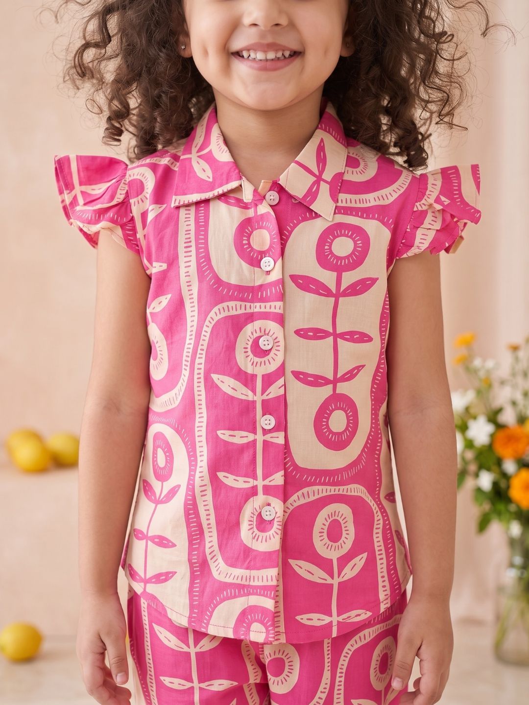 Pink Cotton Sleeveless Big Floral Print Girls Co-Ords