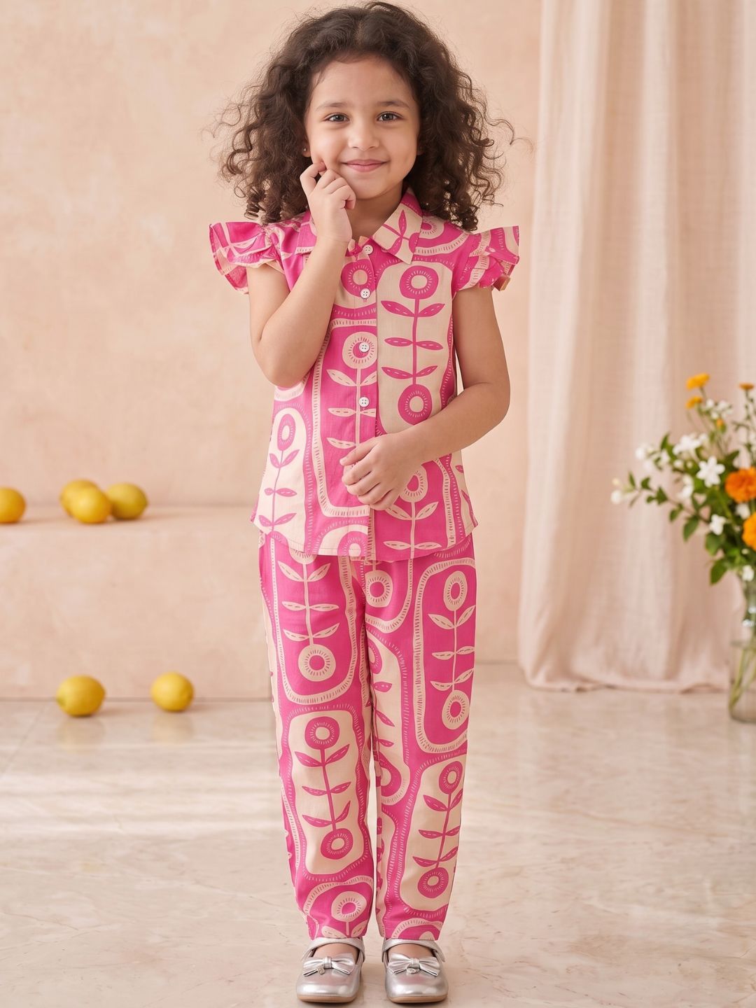 Pink Cotton Sleeveless Big Floral Print Girls Co-Ords