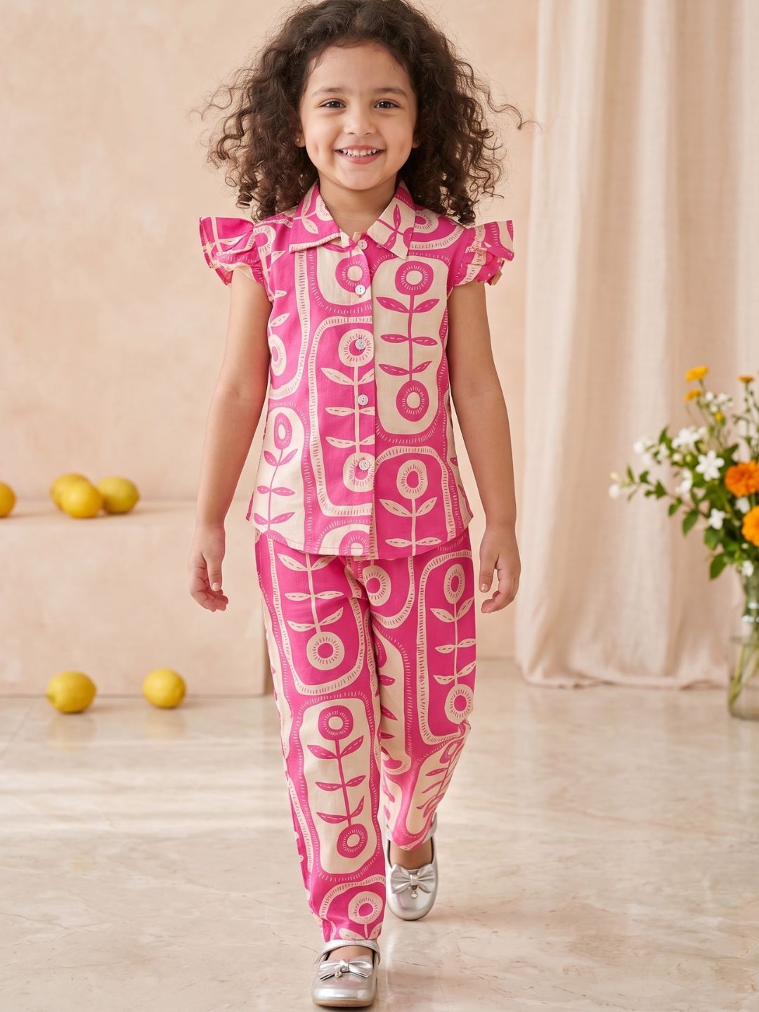 Pink Cotton Sleeveless Big Floral Print Girls Co-Ords