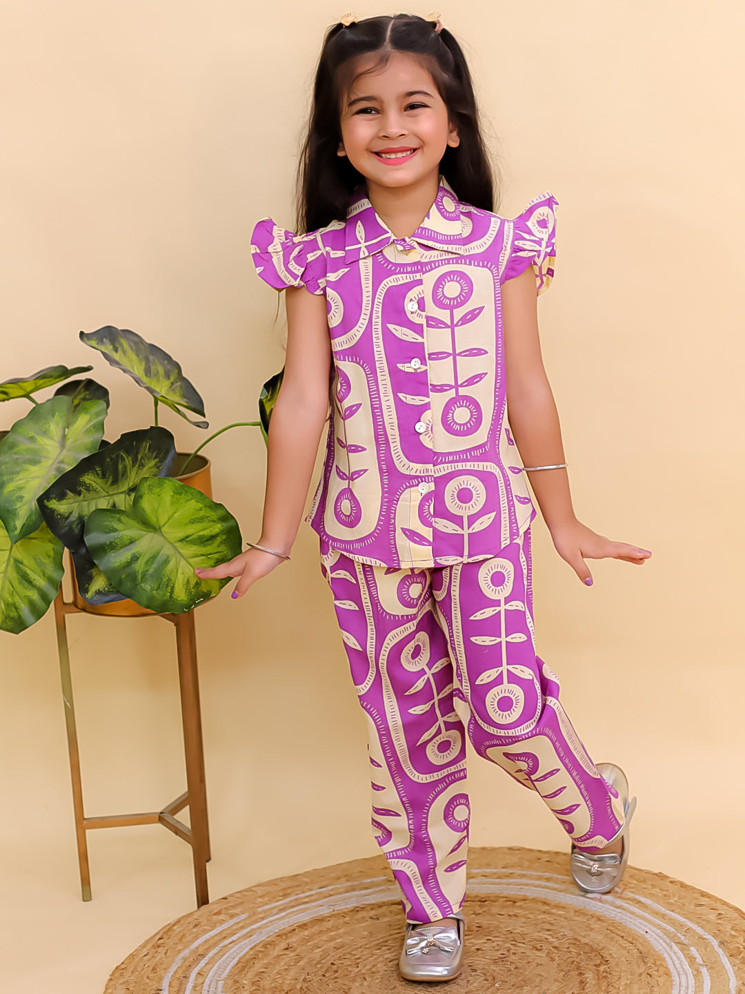 AJ Dezines Purple Cotton Sleeveless Big Floral Print Girls Co-Ords