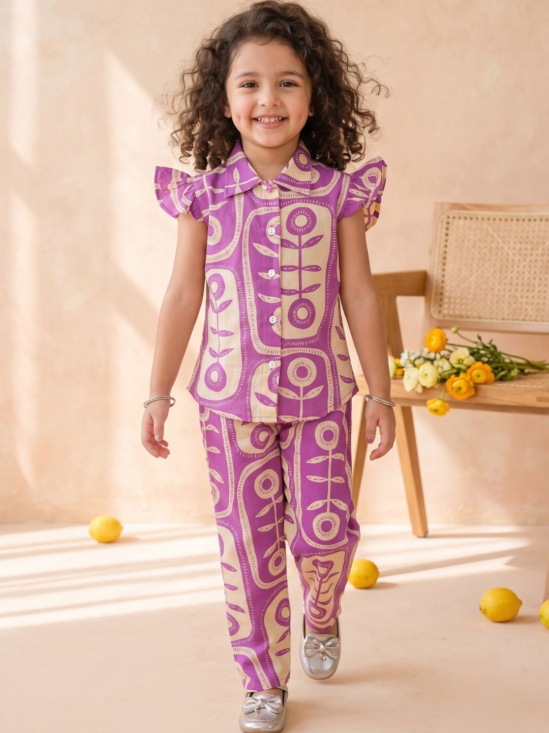 Purple Cotton Sleeveless Big Floral Print Girls Co-Ords