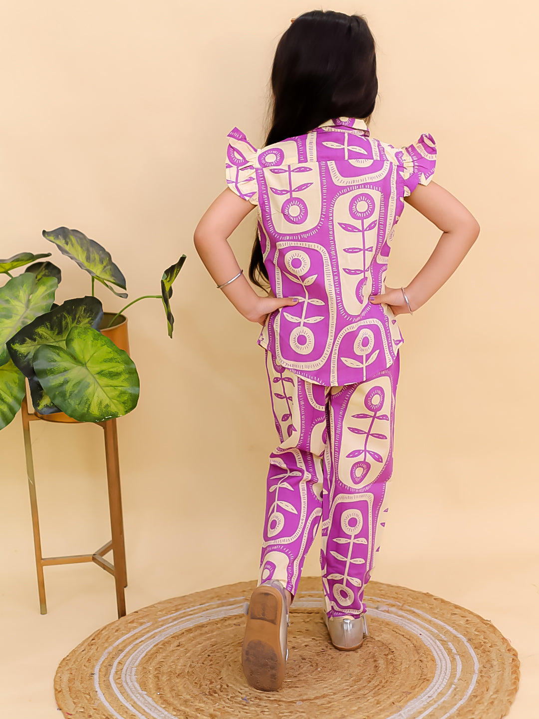 AJ Dezines Purple Cotton Sleeveless Big Floral Print Girls Co-Ords