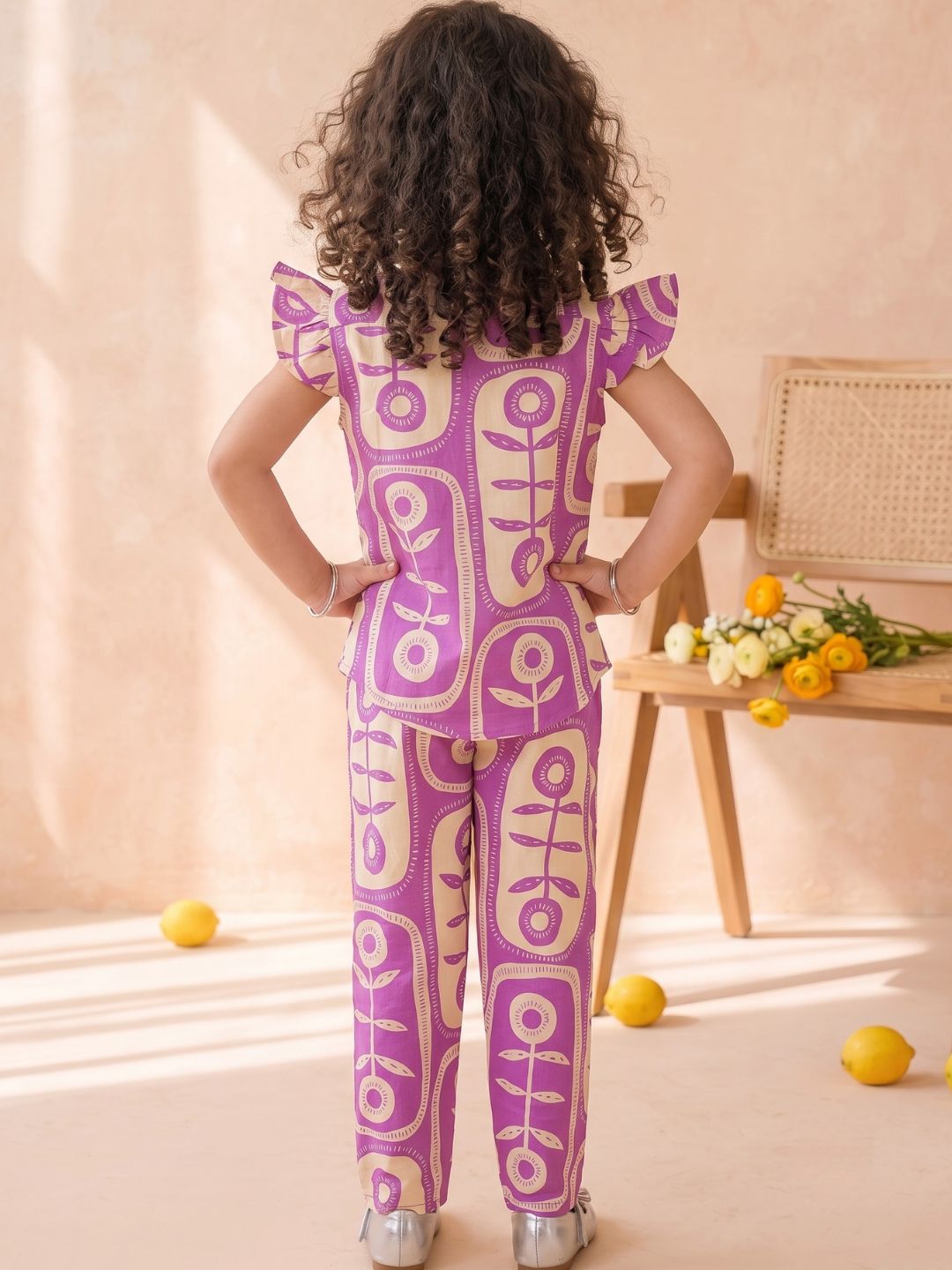 Purple Cotton Sleeveless Big Floral Print Girls Co-Ords