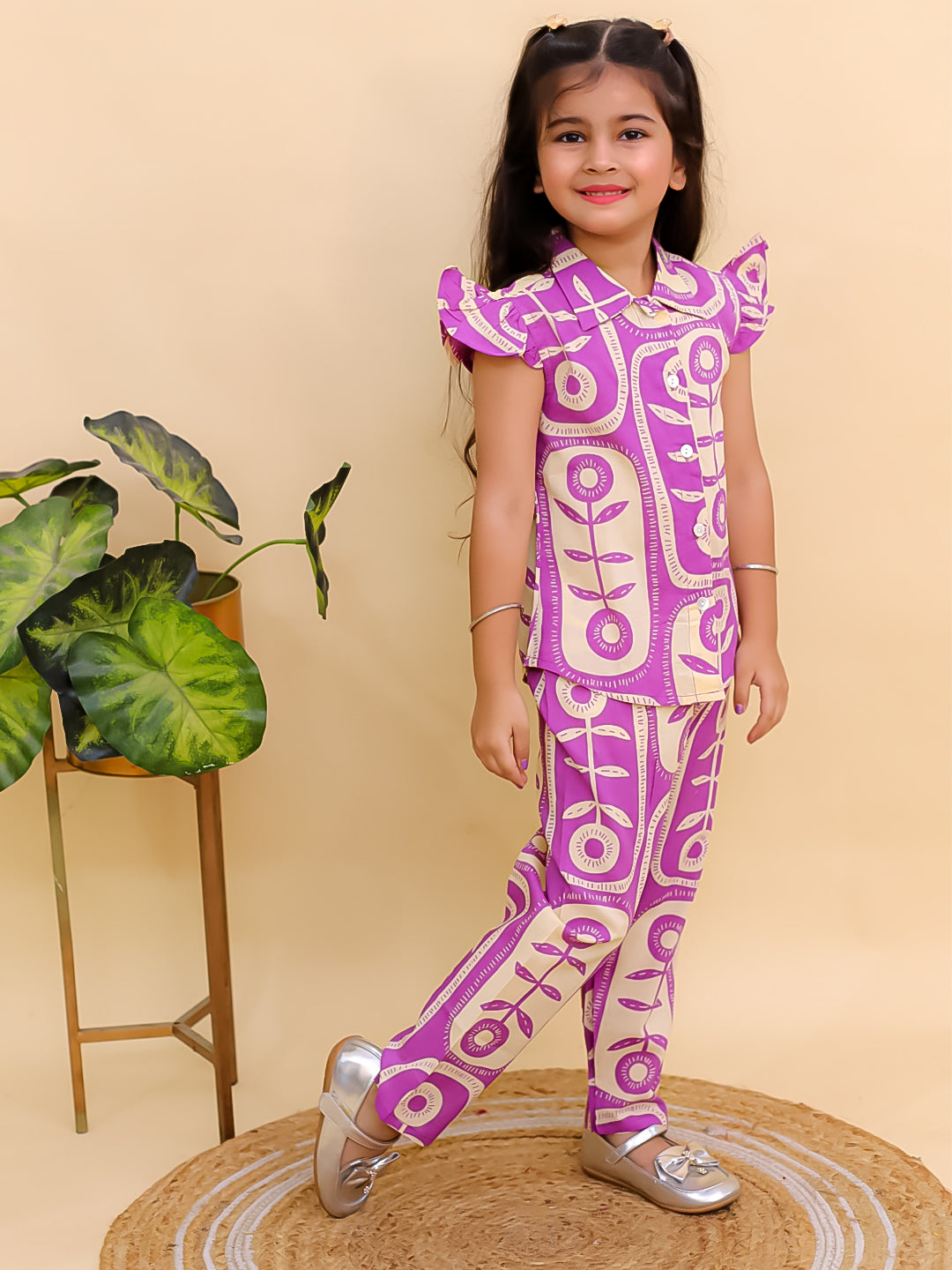 AJ Dezines Purple Cotton Sleeveless Big Floral Print Girls Co-Ords