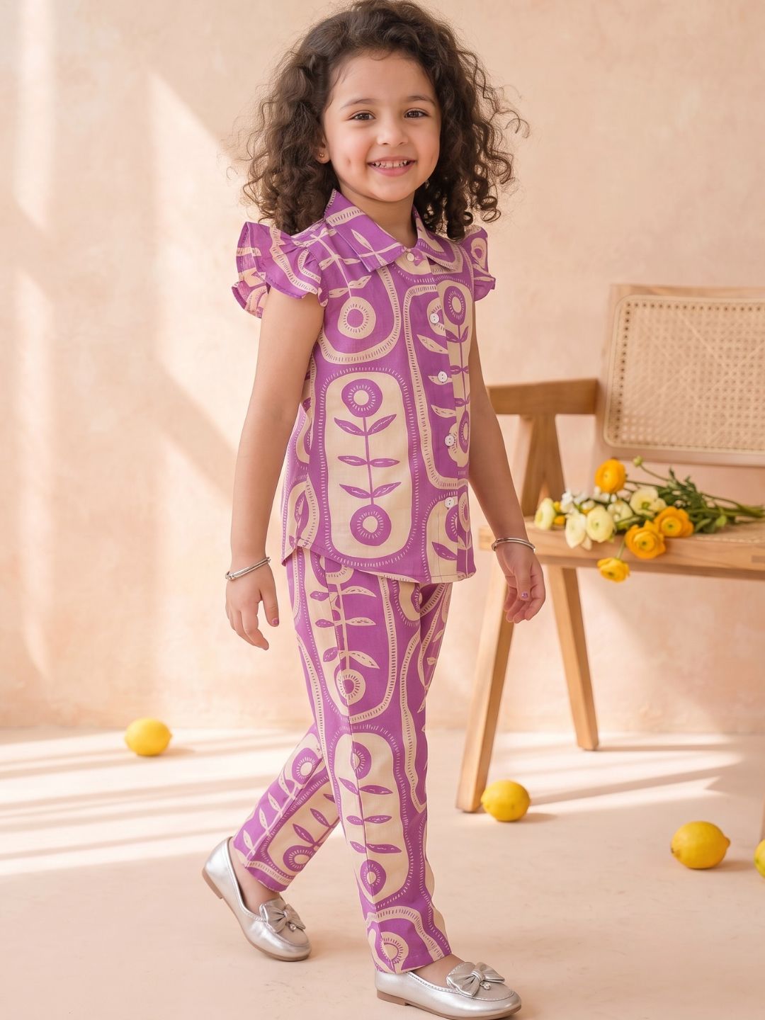 Purple Cotton Sleeveless Big Floral Print Girls Co-Ords