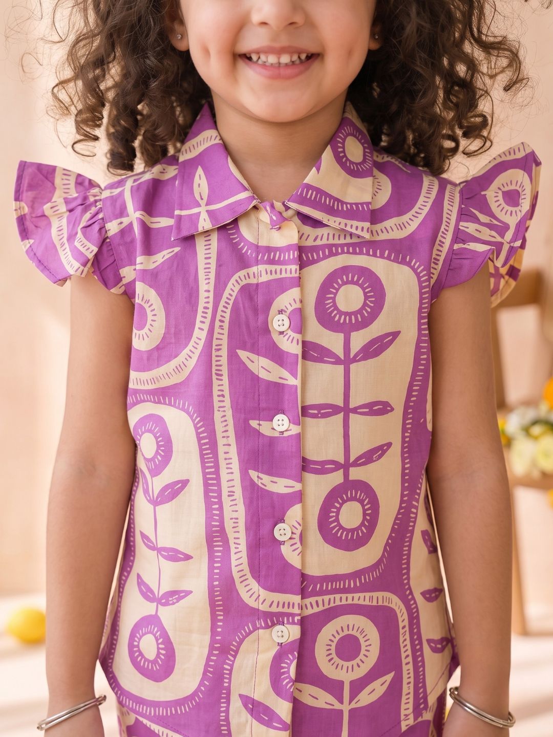 Purple Cotton Sleeveless Big Floral Print Girls Co-Ords