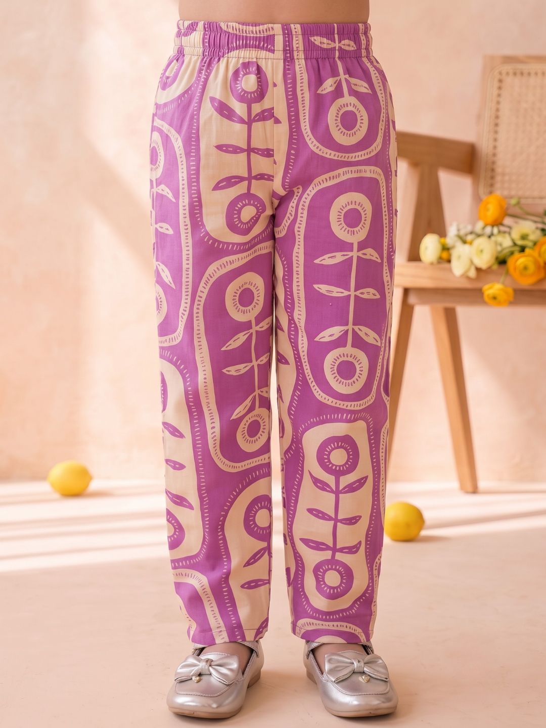 Purple Cotton Sleeveless Big Floral Print Girls Co-Ords